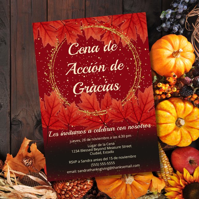Invitation Espagnol Automne quitte Parties scintillant Thanks (Créateur téléchargé)