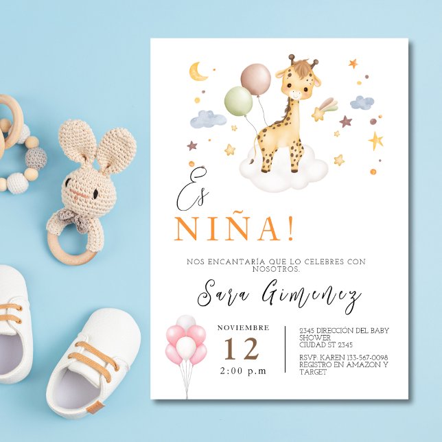 Invitation Espagnol Baby Girl Douche Giraffe Avec Ballons (Spanish Baby Girl Shower Giraffe With Balloons Invitation)