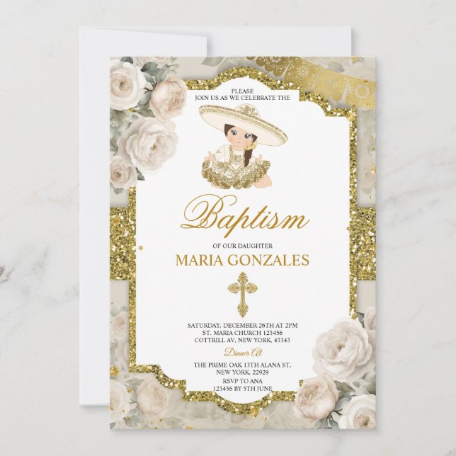 Invitation Espagnol Bautizo Fiesta mignonne petite fille Bapt (Devant)
