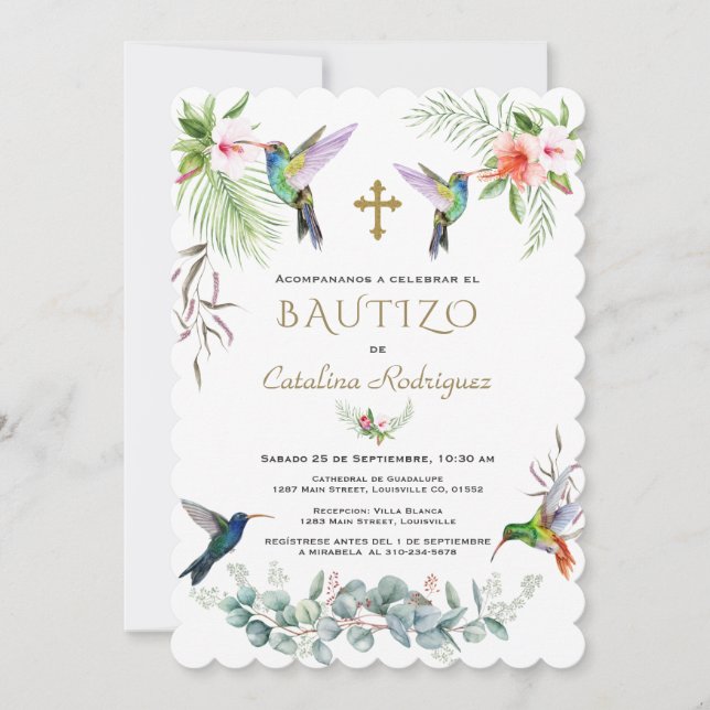 Invitation Espagnol Bautizo Fleurs roses Hummingbird Girl (Devant)