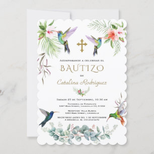 Invitation Espagnol Bautizo Fleurs roses Hummingbird Girl