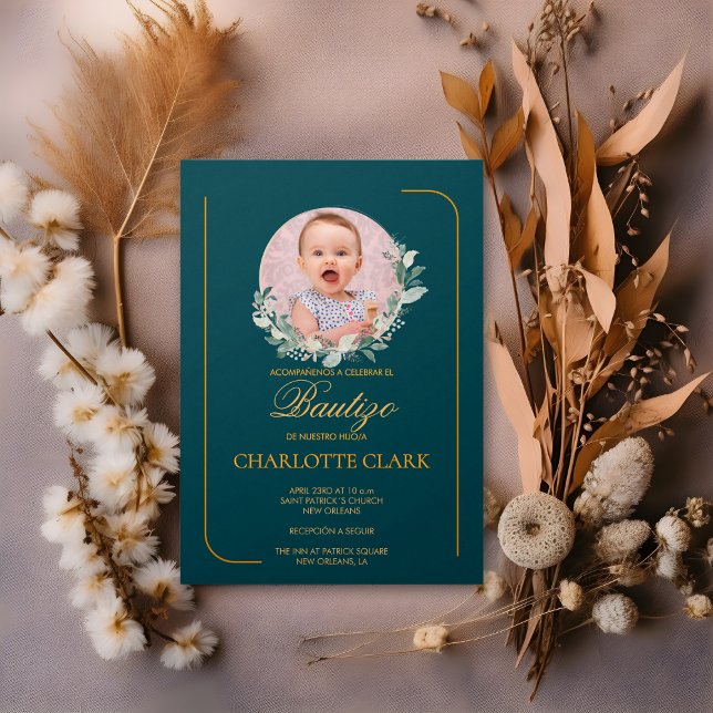 Invitation Espagnol Bautizo Photo Verdure Elegant Gold (Spanish Bautizo Photo Greenery Elegant Gold Invitation)