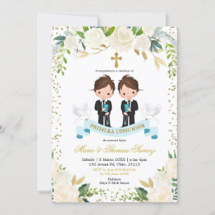 Invitation Espagnol Blanc Floral Twin Boy Primera comunió n