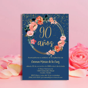 Invitation Espagnol Bleu Élégant Floral 90e fête d'anniversai