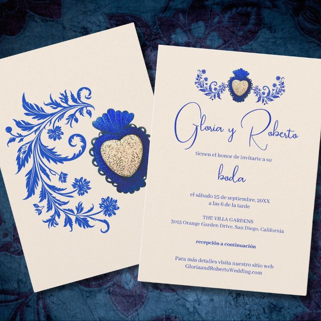 Invitation espagnol, bleu et champagne Milagro Heart mexicain (Créateur téléchargé)