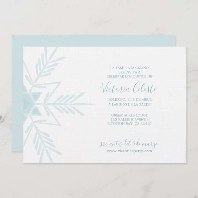 Invitation ESPAGNOL bleu moderne HIVER WONDERLAND quinceañera (Devant / Derrière)