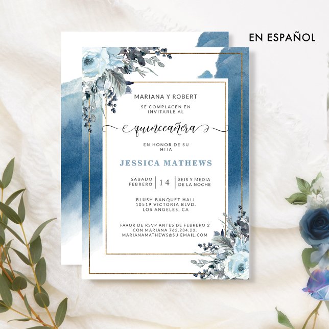 Invitation Espagnol, Bleu Quinceañera Aquarelle et Floral (Créateur téléchargé)