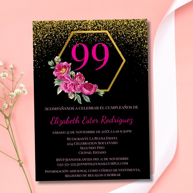 Invitation Espagnol Bold Chic Black Gold & Pink 99e anniversa (Créateur téléchargé)