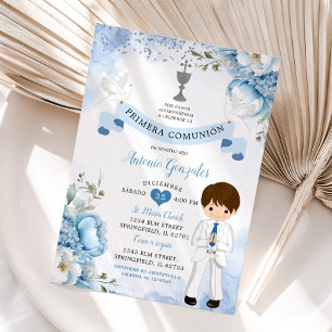 Invitation Espagnol Boy Dusty Blue Floral Primera Comunion