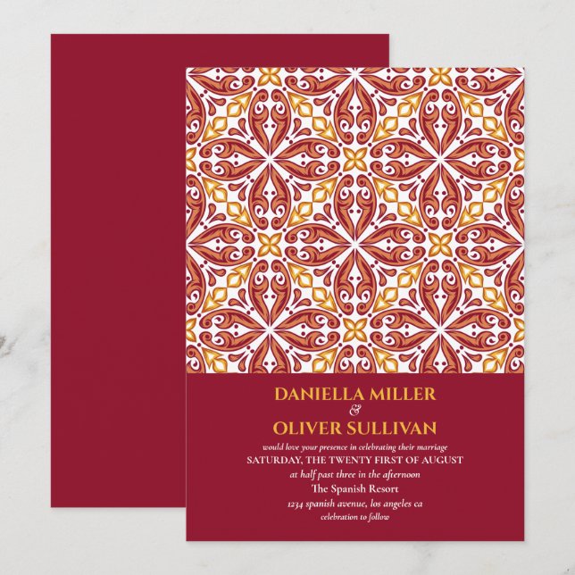 Invitation Espagnol Carrelage rouge orange mariage méditerran (Devant / Derrière)