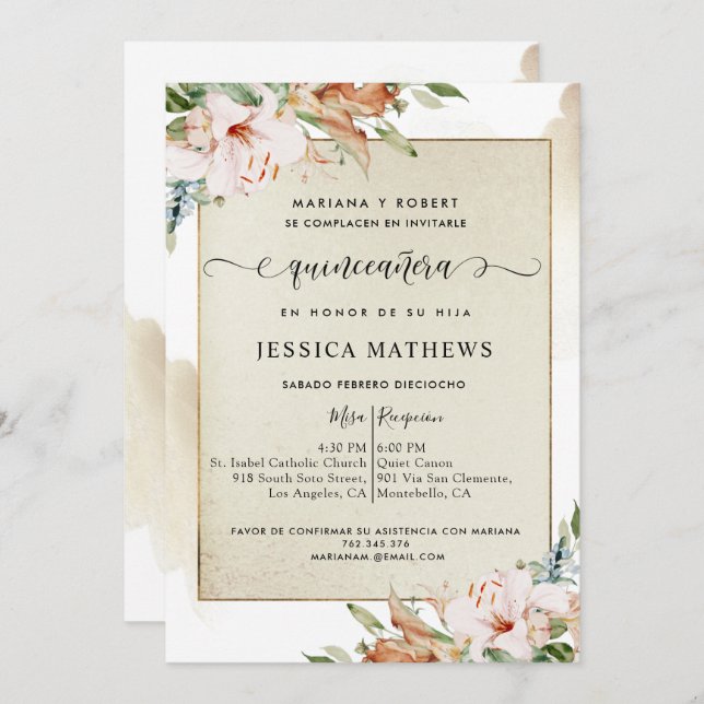 Invitation Espagnol, Champagne et Blush Quinceañera Floral (Devant / Derrière)
