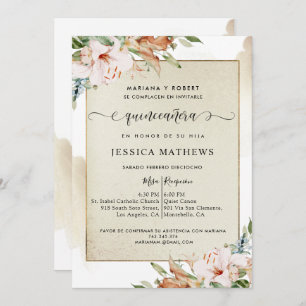 Invitation Espagnol, Champagne et Blush Quinceañera Floral