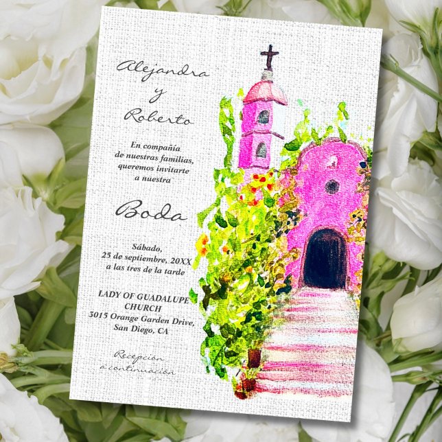 Invitation espagnol, chapelle rose colorée Mariage mexicain (Créateur téléchargé)
