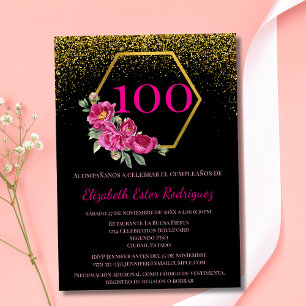 Invitation Espagnol Charme Or Noir & Rose 100e Anniversaire