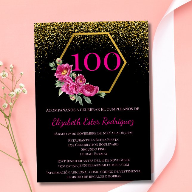 Invitation Espagnol Charming Black Gold & Pink 100e anniversa (Créateur téléchargé)