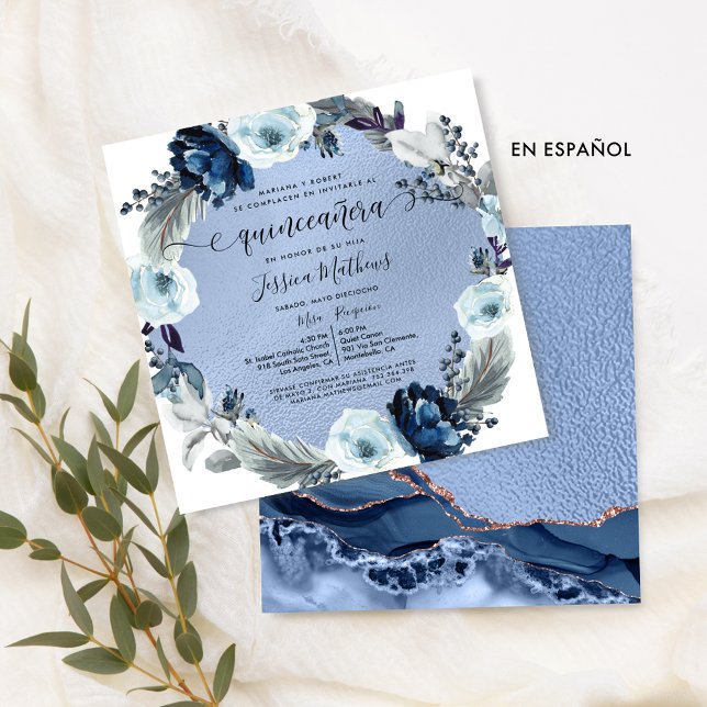 Invitation Espagnol Chic Fleurs Bleues Agate Foil Quinceañera (Créateur téléchargé)
