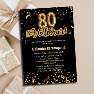 Invitation Espagnol Chic Noir & Or Confetti 80e anniversaire