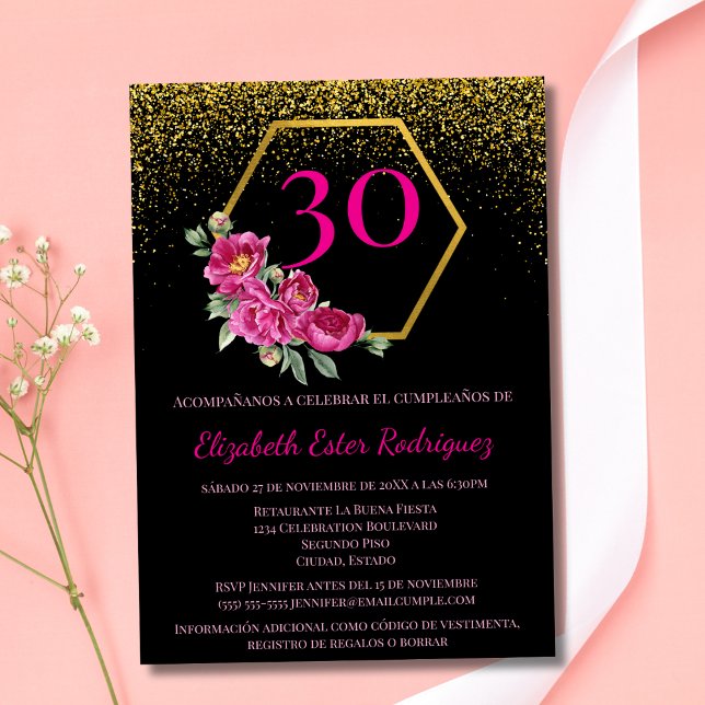 Invitation Espagnol Chic Noir Or Rose 30ème Anniversaire (Créateur téléchargé)