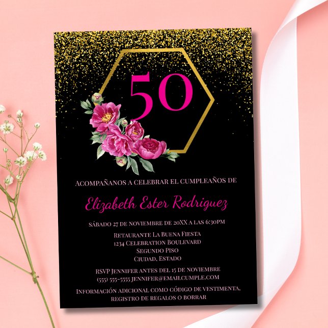 Invitation Espagnol Chic Tendance Noir Or Rose 50 ans Anniver (Créateur téléchargé)