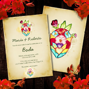 Invitation Espagnol, cœur floral rustique, mariage mexicain