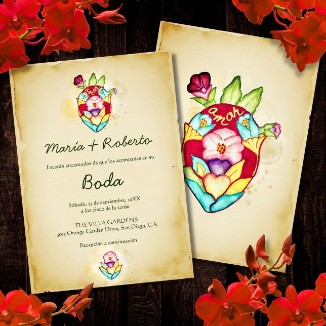 Invitation Espagnol, cœur floral rustique, mariage mexicain (Créateur téléchargé)