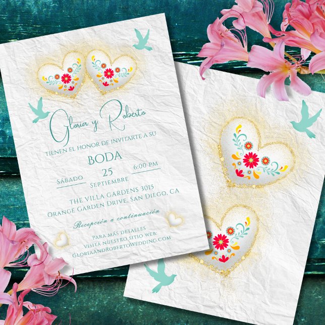 Invitation Espagnol, Cœurs en Pastel Mexicain Fleurs Colombes (Créateur téléchargé)