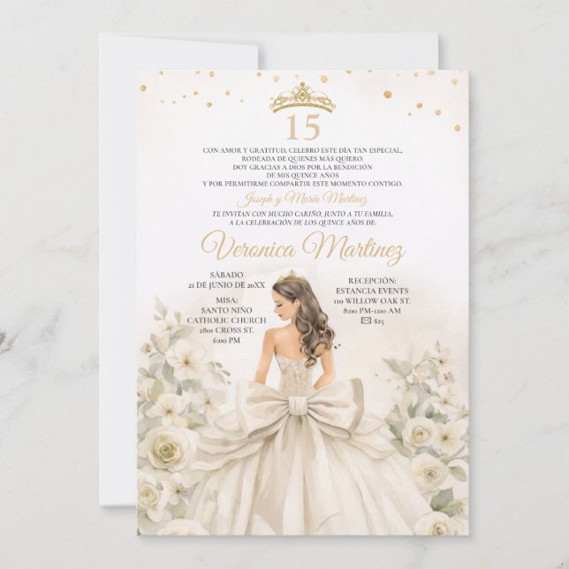 Invitation Espagnol Crème d'Ivoire Princesse Florale Douce 15 (Devant)