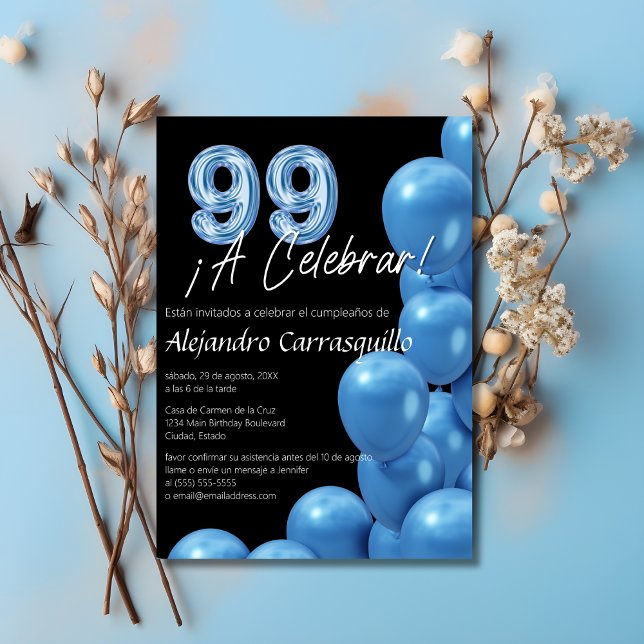 Invitation Espagnol élégant Ballons Bleus Noir 99e anniversai (Créateur téléchargé)