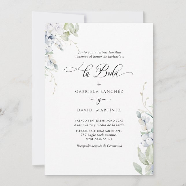 Invitation Espagnol, Elegant Blanc et Bleu Floral Mariage (Devant)