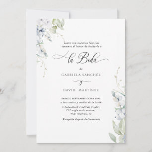 Invitation Espagnol, Elegant Blanc et Bleu Floral Mariage