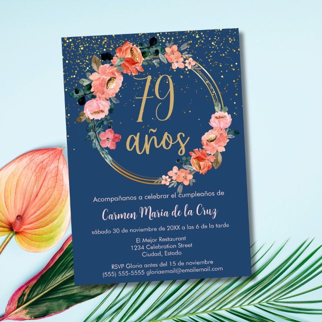 Invitation Espagnol Élégant Bleu Rose Floral 79e Anniversaire (Créateur téléchargé)