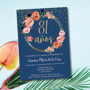 Invitation Espagnol Élégant Bleu Rose Floral 81e Anniversaire