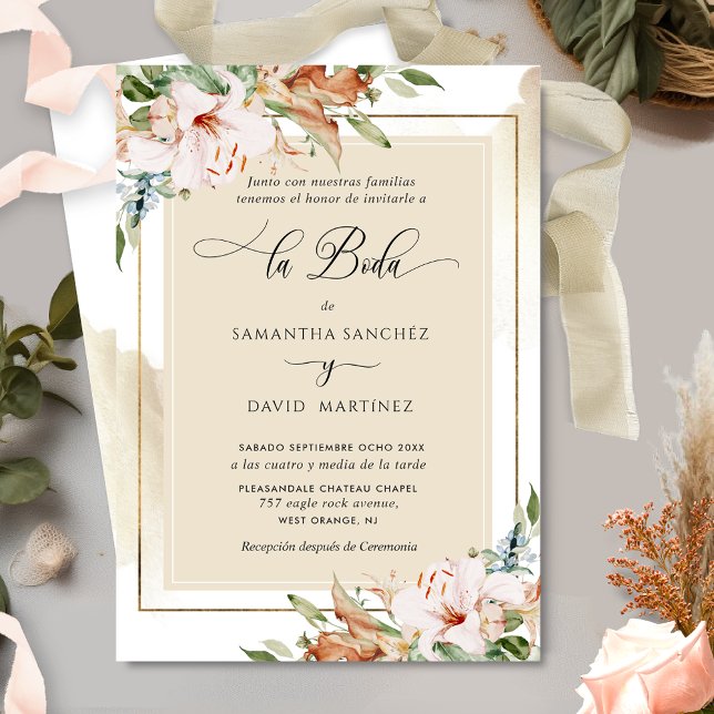 Invitation Espagnol, Élégant Blush Terracotta Floral Mariage  (Créateur téléchargé)