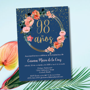 Invitation Espagnol Élégant Chic Bleu Rose 98e Anniversaire