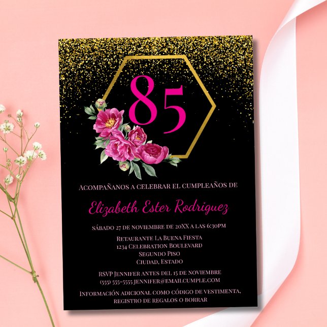 Invitation Espagnol Élégant Noir Or & Rose 85e Anniversaire (Créateur téléchargé)