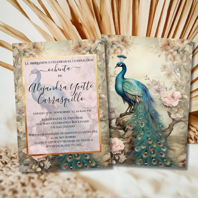 Invitation Espagnol Élégant Paon Bleu 80e Anniversaire (Créateur téléchargé)