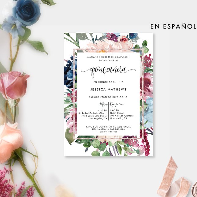 Invitation Espagnol, élégant Pastel Floral Quinceañera (Créateur téléchargé)