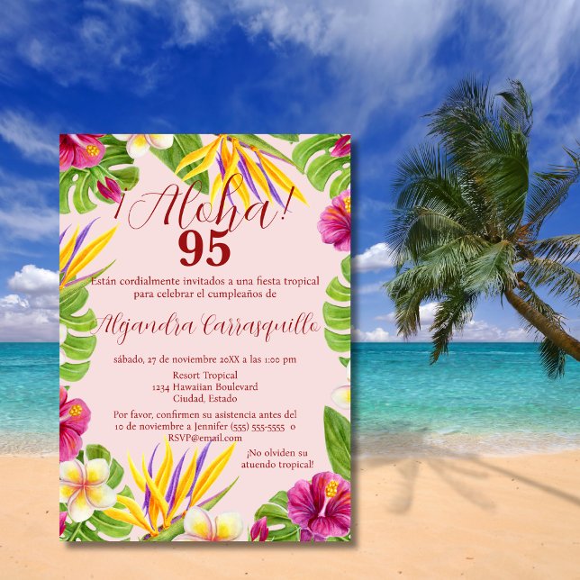Invitation Espagnol Elégant rose Aloha coloré 95ème anniversa (Créateur téléchargé)