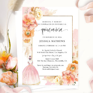 Invitation Espagnol, Elegant rose Floral Quinceañera