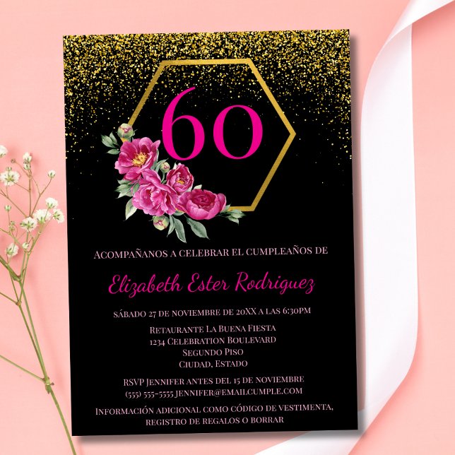 Invitation Espagnol Élégant Rose Noir 60e Anniversaire (Créateur téléchargé)