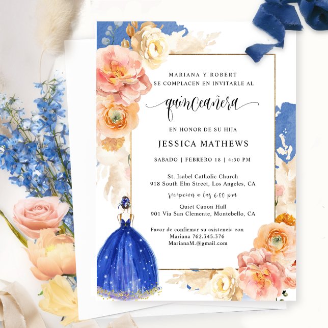 Invitation Espagnol, Elégant Royal Blue Floral Quinceañera (Créateur téléchargé)