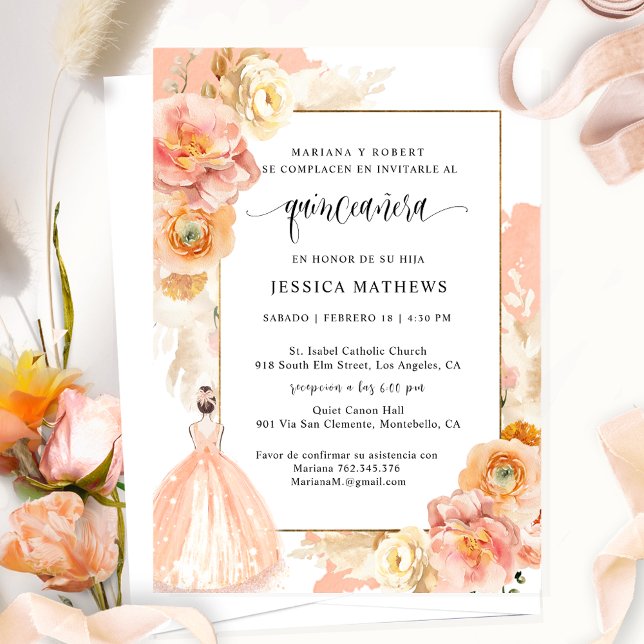 Invitation Espagnol, Elégante Pêche Florale Quinceañera (Créateur téléchargé)
