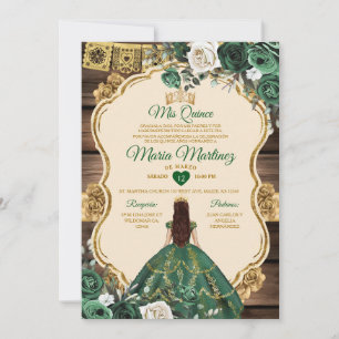 Invitation Espagnol Emerald Green Floral Bois Quiñceanera