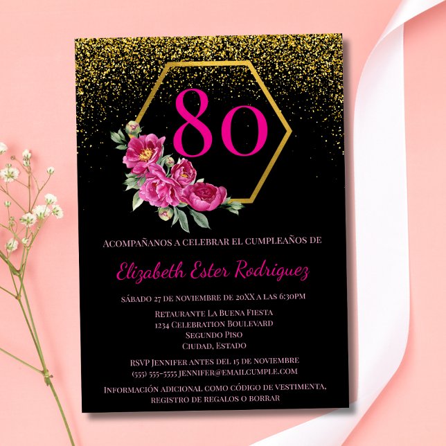 Invitation Espagnol Exquise Black Gold & Rose 80e anniversair (Créateur téléchargé)