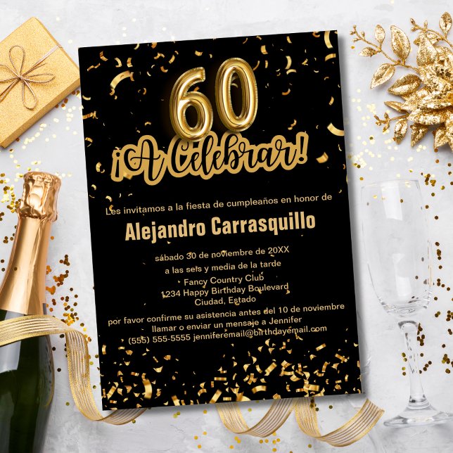 Invitation Espagnol Fancy Black & Gold Confetti 60e anniversa (Créateur téléchargé)