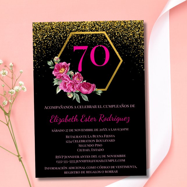 Invitation Espagnol Fancy Black Gold & Pink 70e anniversaire (Créateur téléchargé)