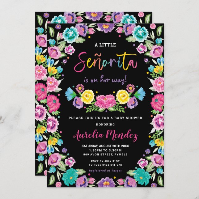 Invitation Espagnol Floral Fiesta Baby shower fille (Devant / Derrière)