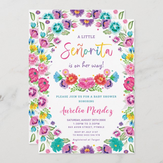 Invitation Espagnol Floral Senorita Baby shower fille (Devant / Derrière)