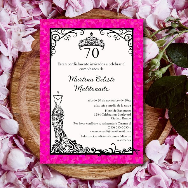 Invitation Espagnol Hot Rose Black Elegant 70e fête d'anniver (Créateur téléchargé)