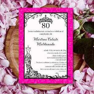 Invitation Espagnol Hot Rose Black Stylish 80e fête d'anniver